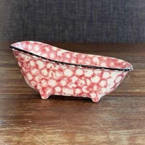 Vintage ENESCO IMPORTS JAPAN Ceramic BATHTUB Pink/White SPONGEWARE Soap Dish